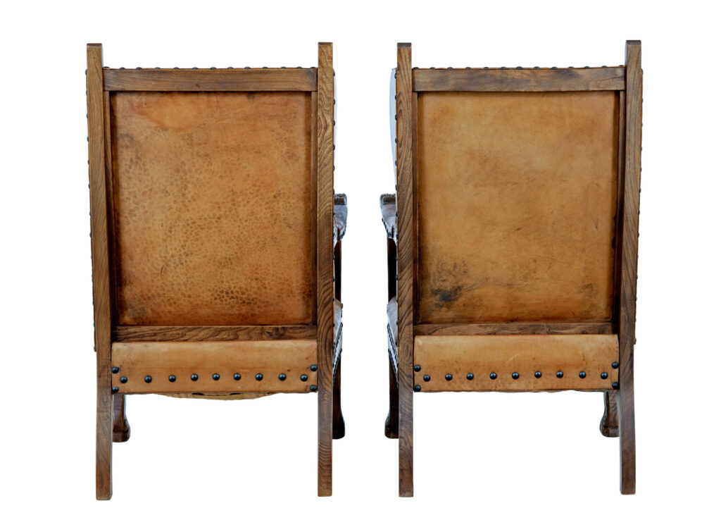 Pair of 19th Century Carved Oak and Leather Armchairs — image 7