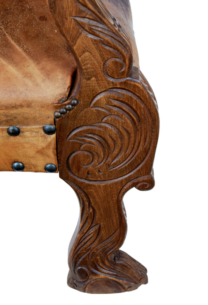 Pair of 19th Century Carved Oak and Leather Armchairs — image 6