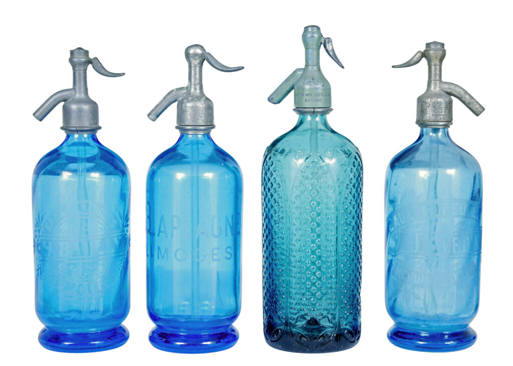 COLLECTION OF 4 FRENCH ART DECO ETCHED GLASS SODA SYPHONS