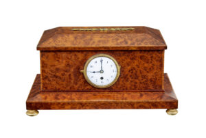 EARLY 20TH CENTURY BURR YEW DESKTOP BOX WITH CLOCK