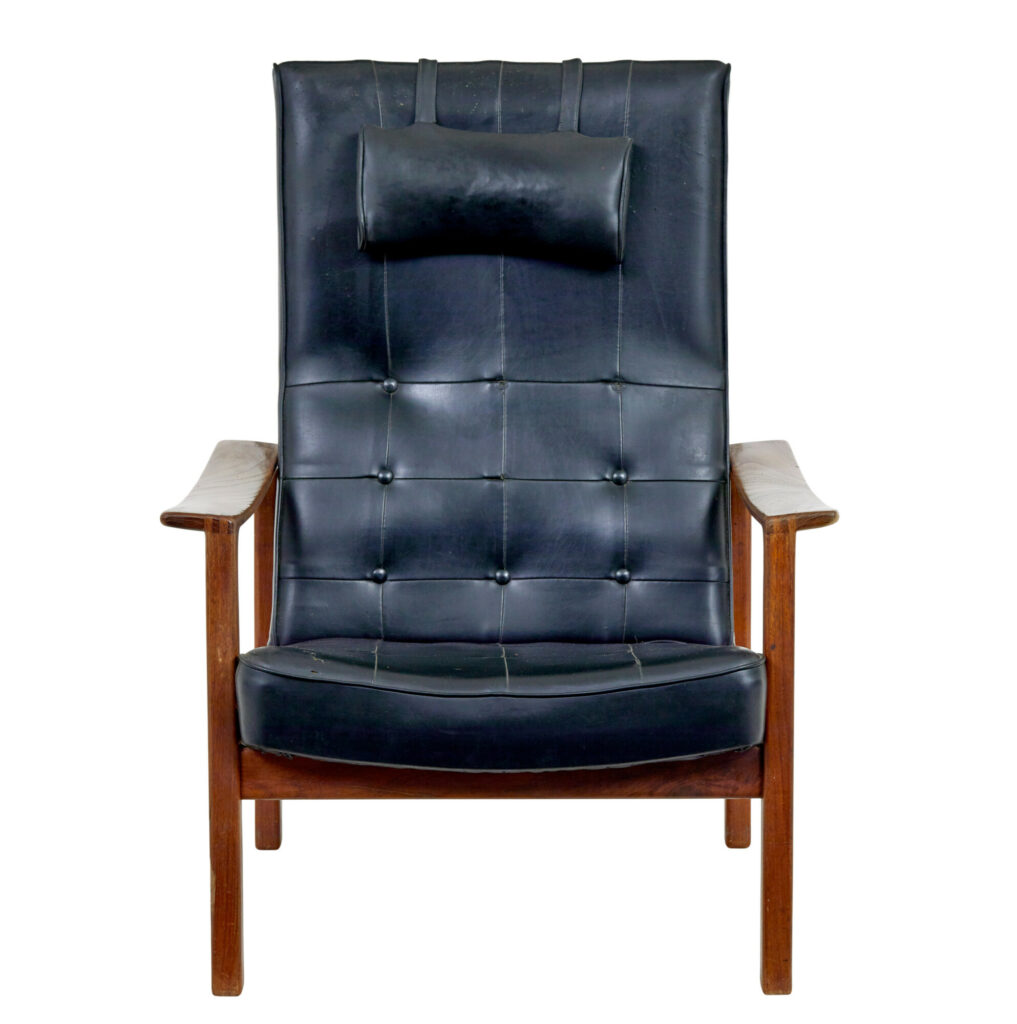 Mid 20th Century Scandinavian Teak Reclining Leather Armchair — image 5