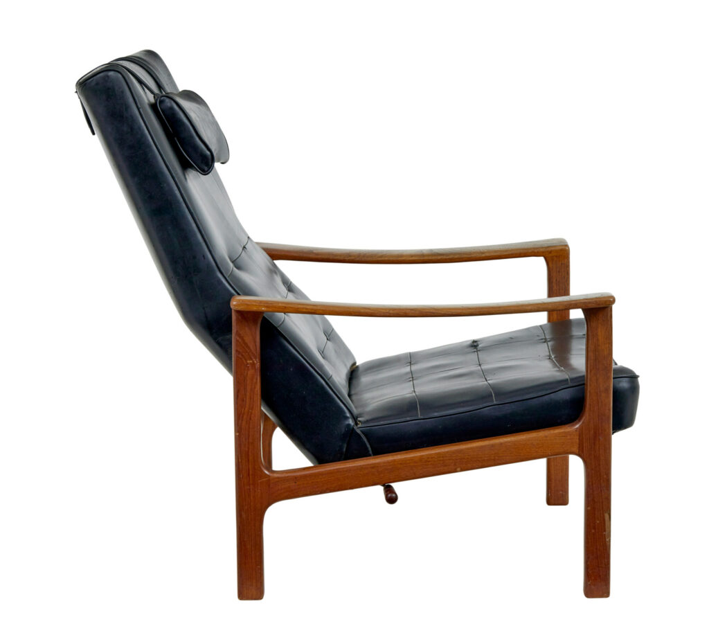 Mid 20th Century Scandinavian Teak Reclining Leather Armchair — image 3