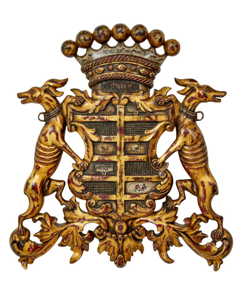 DECORATIVE GREYHOUND HAND CARVED HERALDIC COAT OF ARMS