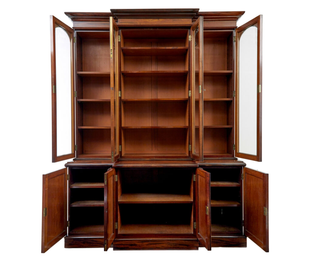 Early Victorian 19th Century Flame Mahogany Breakfront Bookcase — image 10