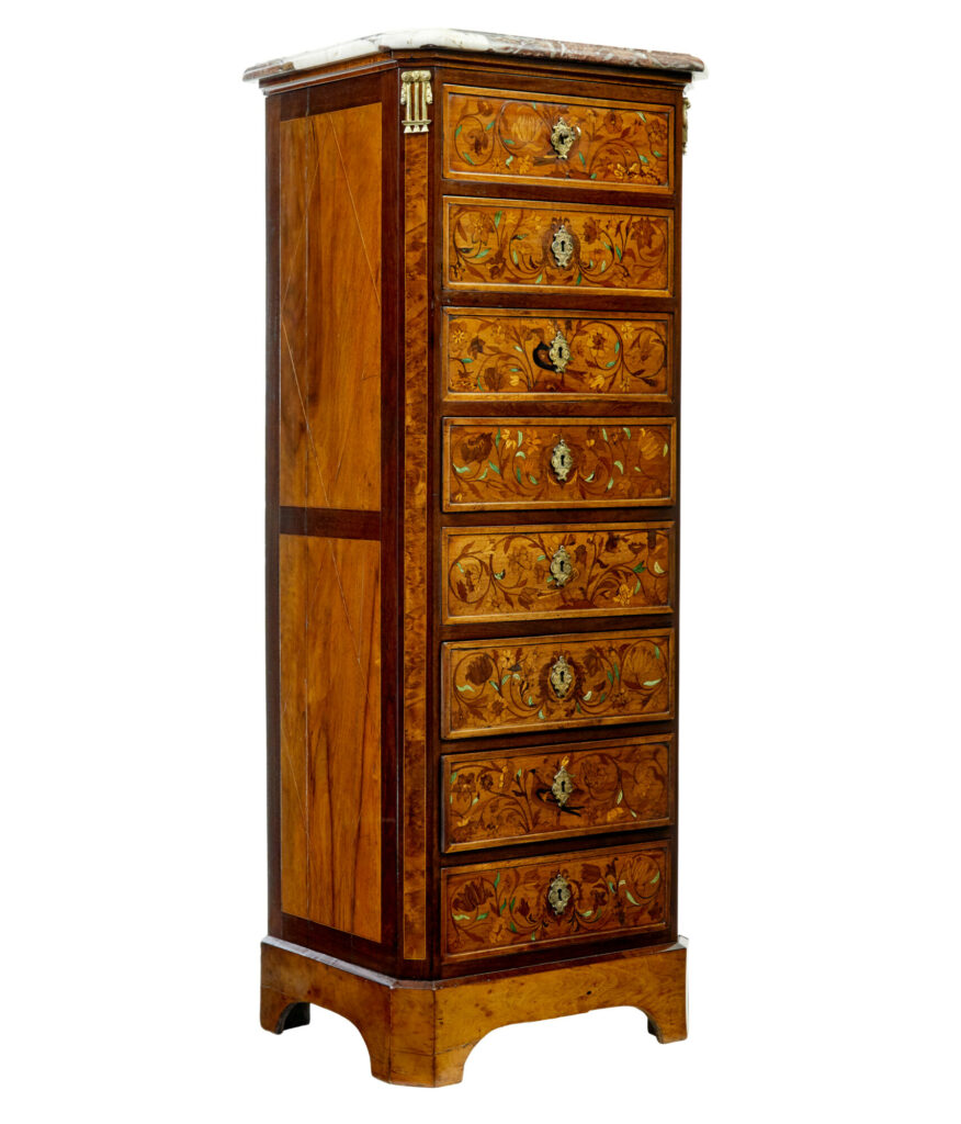 French 19th Century Inlaid Walnut Chest of Drawers with Marble Top