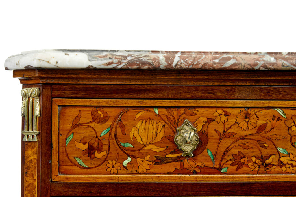 French 19th Century Inlaid Walnut Chest of Drawers with Marble Top — image 7
