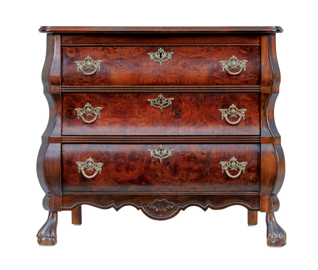 MID CENTURY SMALL MULBERRY BOMBE CHEST OF DRAWERS