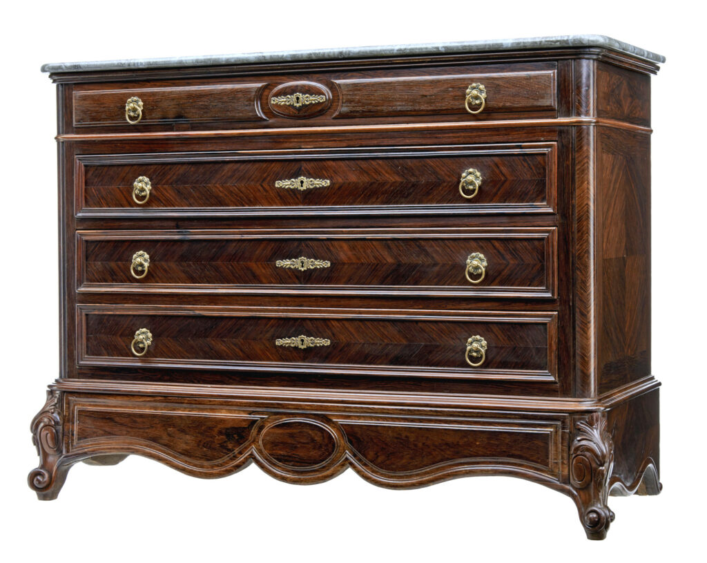 19th Century French Inlaid Chest of Drawers with Faux Marble Top