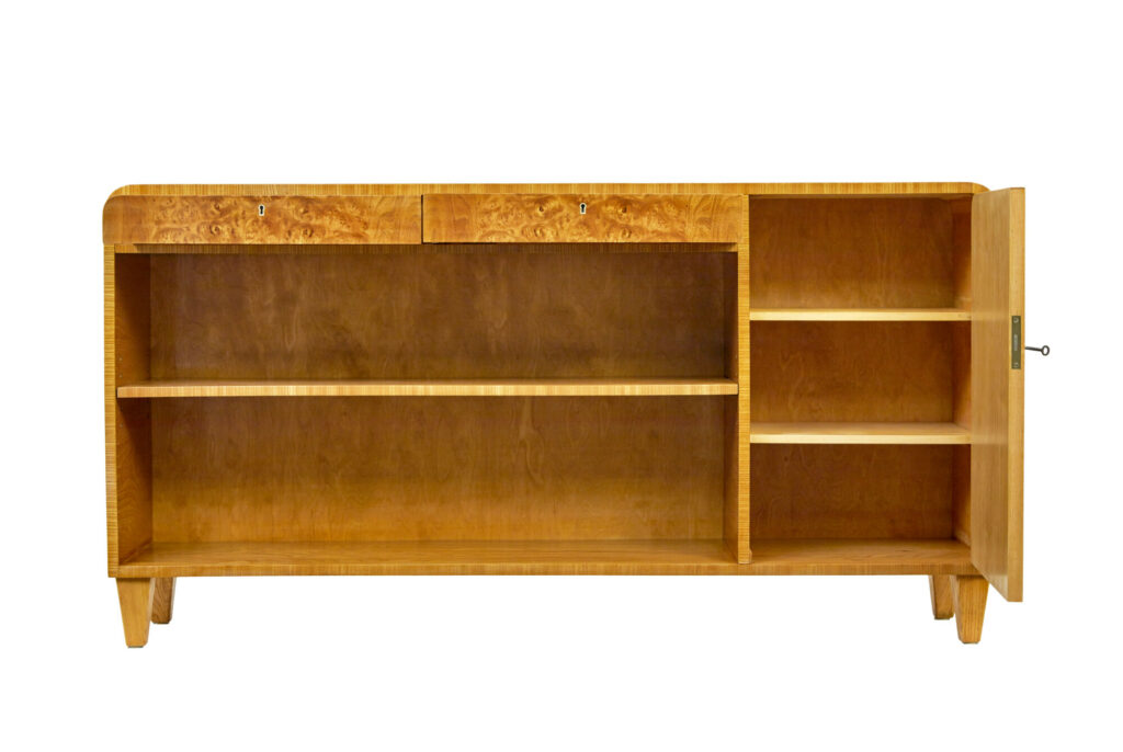 Swedish Mid Century Burr Elm Low Open Bookcase — image 5