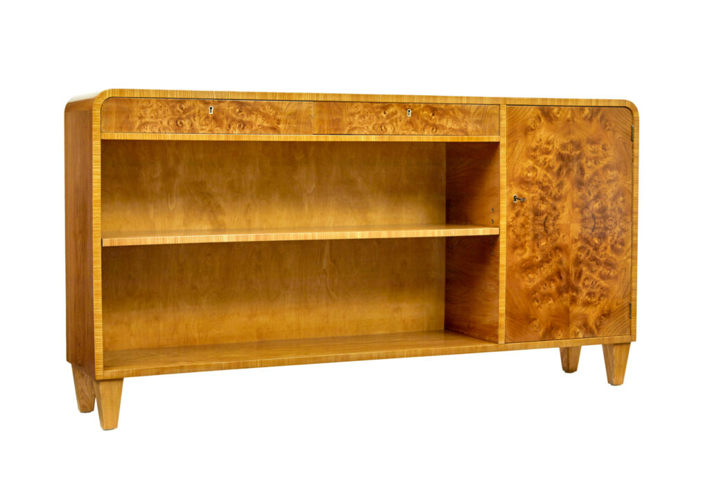 Swedish Mid Century Burr Elm Low Open Bookcase