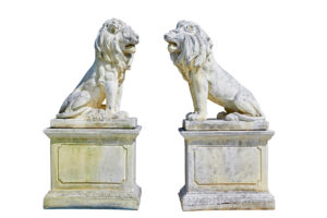 FINE PAIR OF MID CENTURY CARVED STONE LION STATUES