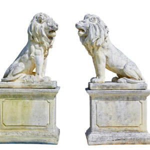 FINE PAIR OF MID CENTURY CARVED STONE LION STATUES
