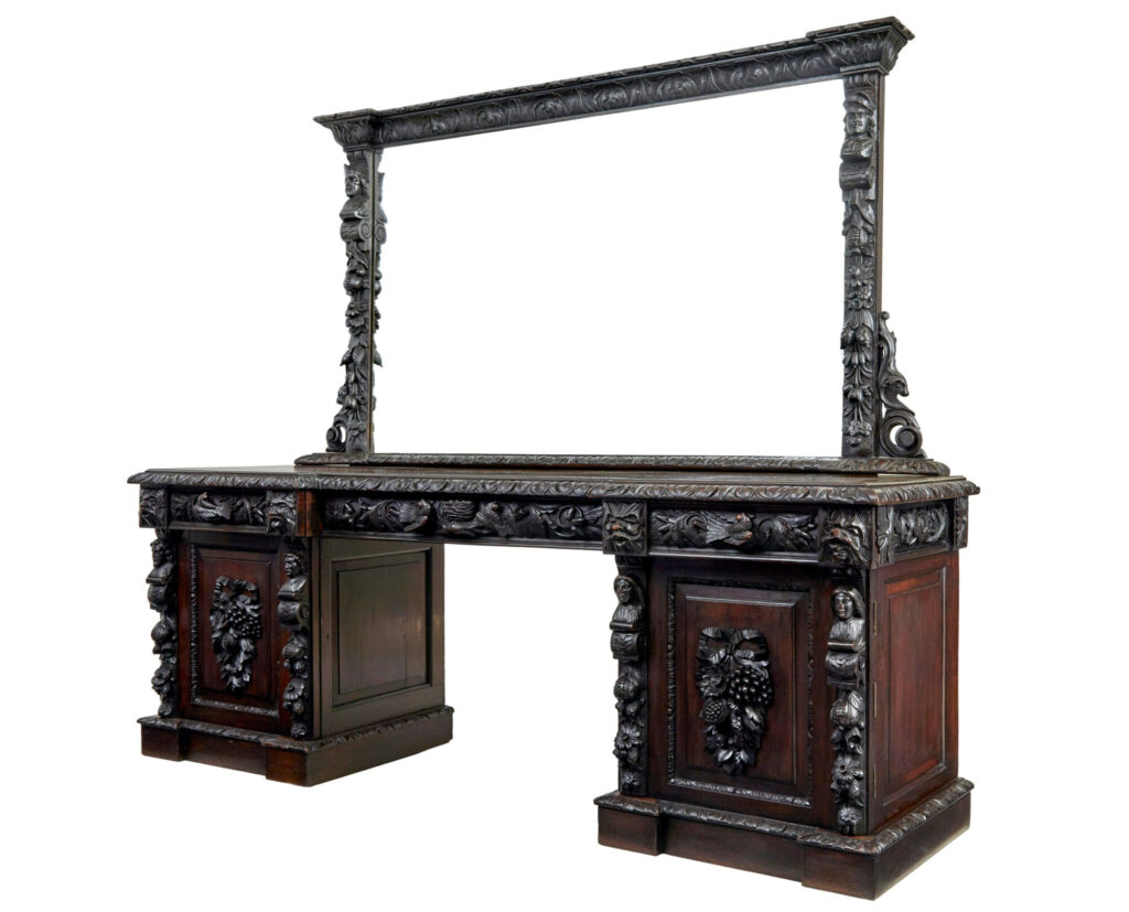 19th Century Carved Gothic Revival Oak Mirrored Buffet Sideboard