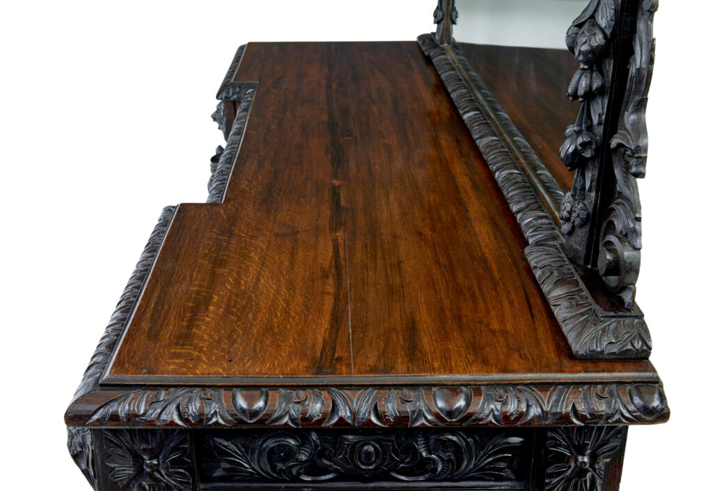 19th Century Carved Gothic Revival Oak Mirrored Buffet Sideboard — image 4