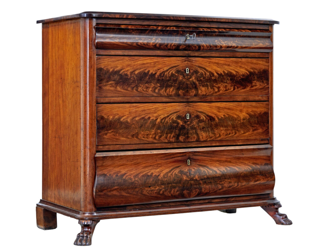DANISH MID 19TH CENTURY FLAME MAHOGANY CHEST OF DRAWERS