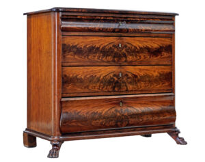 DANISH MID 19TH CENTURY FLAME MAHOGANY CHEST OF DRAWERS