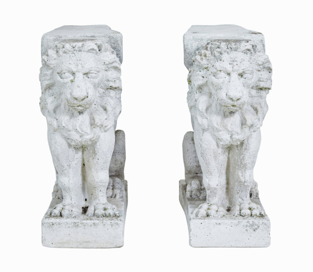 Pair of Early 20th Century Stone Garden Lion Pedestals — image 2