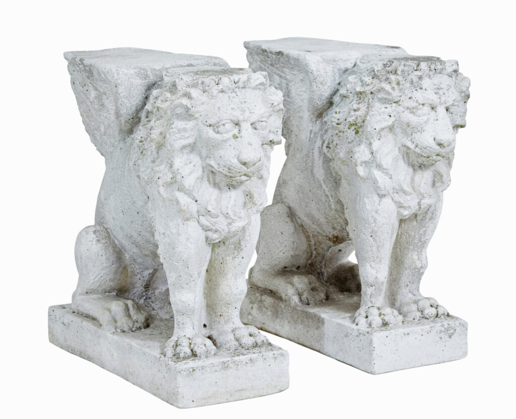 Pair of Early 20th Century Stone Garden Lion Pedestals