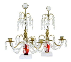 PAIR OF MID 20TH CENTURY CUT GLASS AND MARBLE CANDELABRA