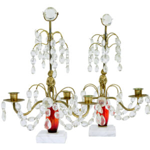 PAIR OF MID 20TH CENTURY CUT GLASS AND MARBLE CANDELABRA