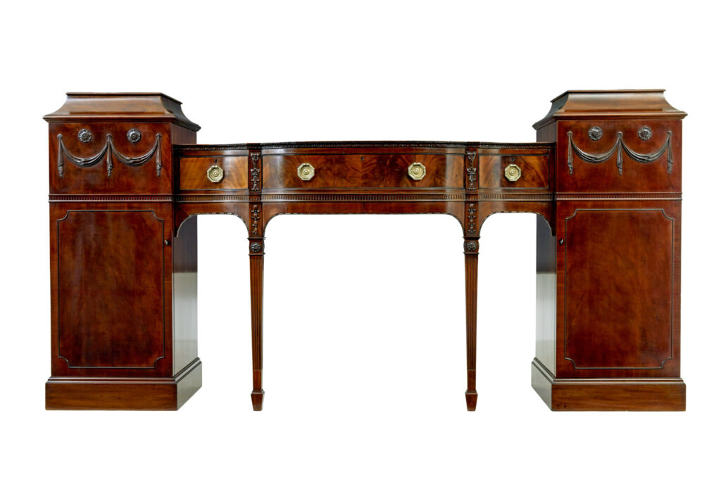 19TH CENTURY ADAMS REVIVAL CARVED MAHOGANY PEDESTAL SIDEBOARD