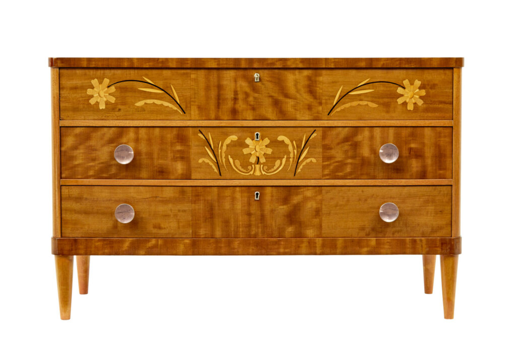 Mid Century Swedish Birch Inlaid Chest of Drawers — image 6