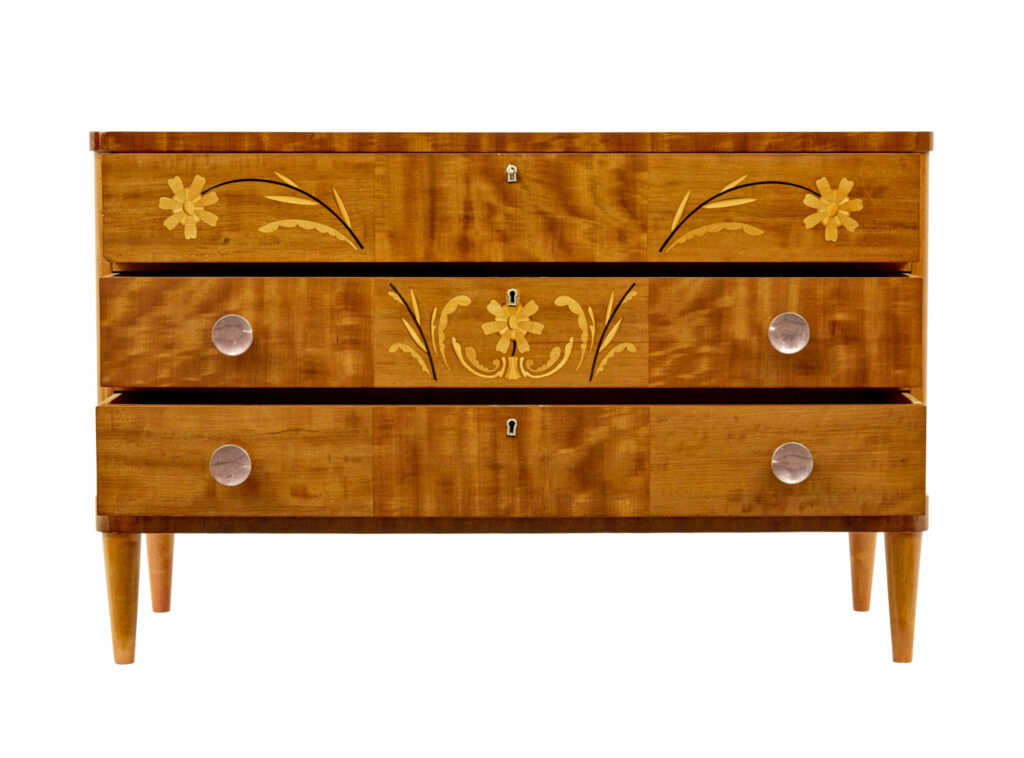 Mid Century Swedish Birch Inlaid Chest of Drawers — image 5