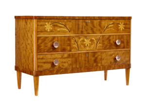 MID CENTURY SWEDISH BIRCH INLAID CHEST OF DRAWERS