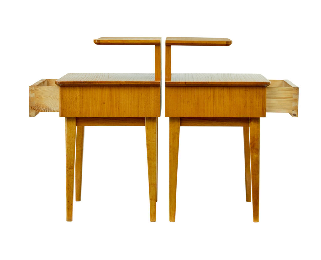 Mid Century Pair of Scandinavian Elm Bedside Tables — image 7