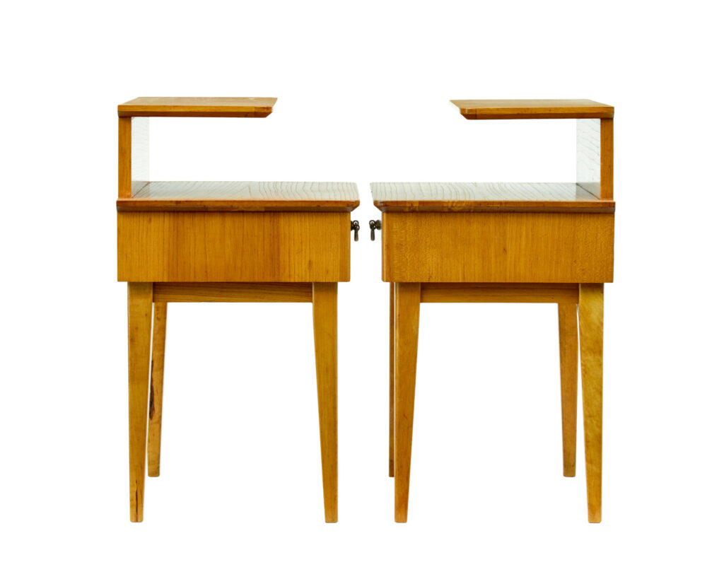 Mid Century Pair of Scandinavian Elm Bedside Tables — image 5