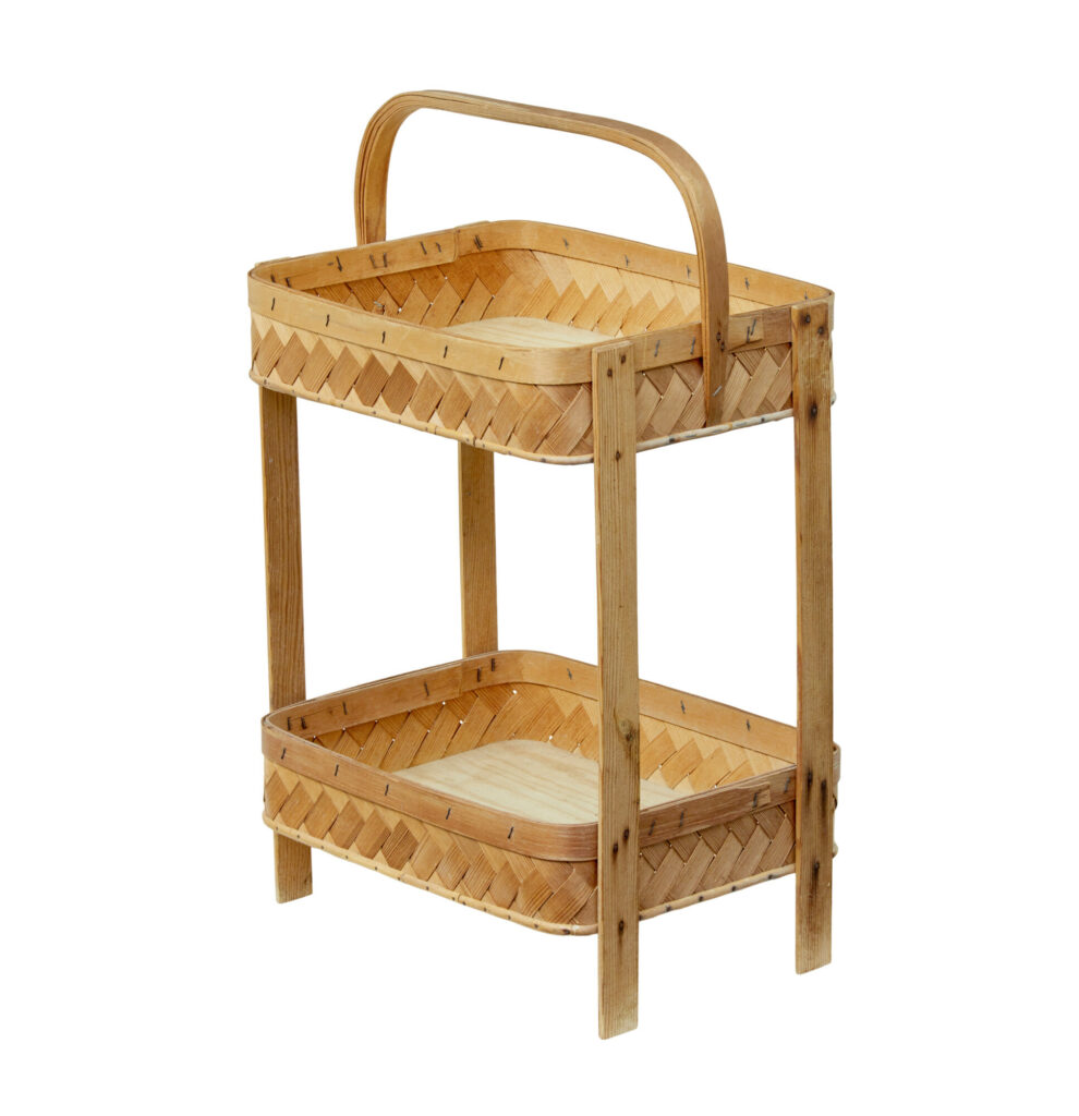 Early 20th Century Handmade Woven Pine 2 Tier Stand