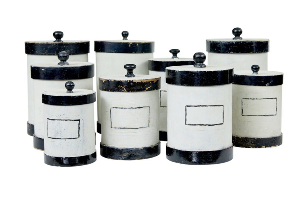 Set of 8 1930's Scandinavian Painted Chemist Jars