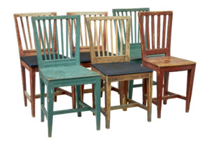 HARLEQUIN SET OF 6 19TH CENTURY PAINTED PINE DINING CHAIRS