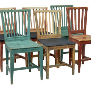 HARLEQUIN SET OF 6 19TH CENTURY PAINTED PINE DINING CHAIRS