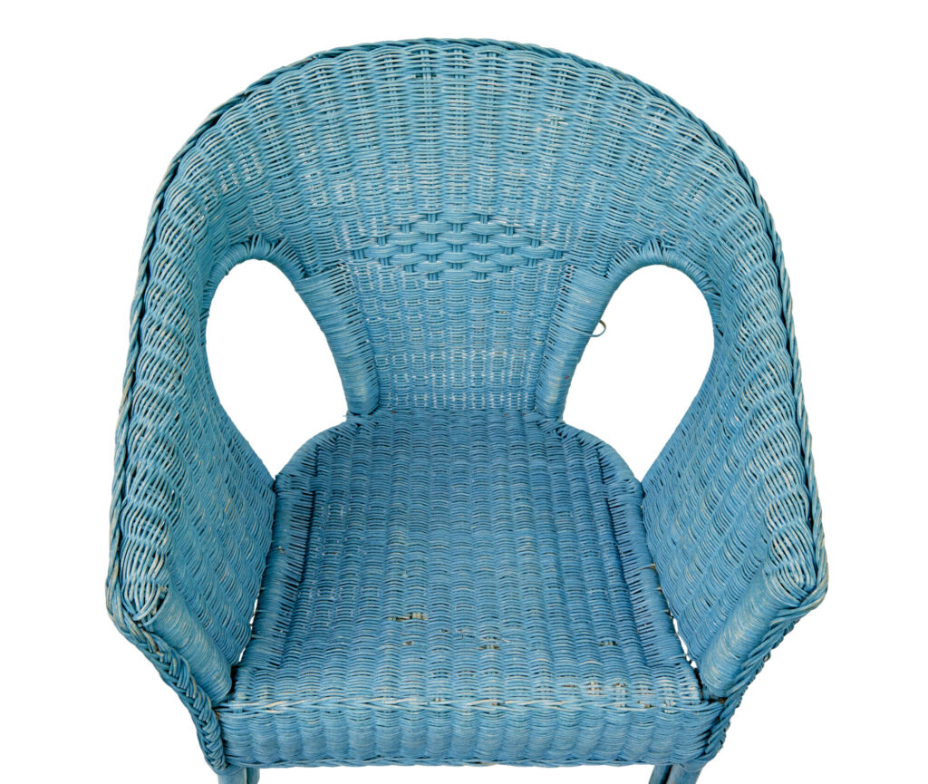 Pair of Mid Century Blue Painted Wicker Armchairs — image 7