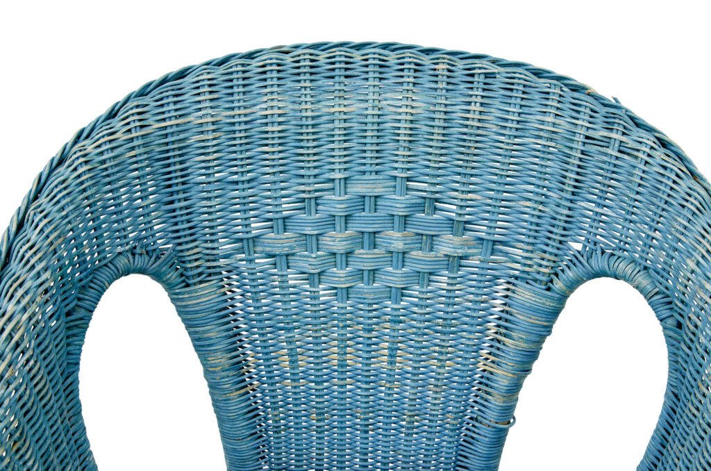 Pair of Mid Century Blue Painted Wicker Armchairs — image 5