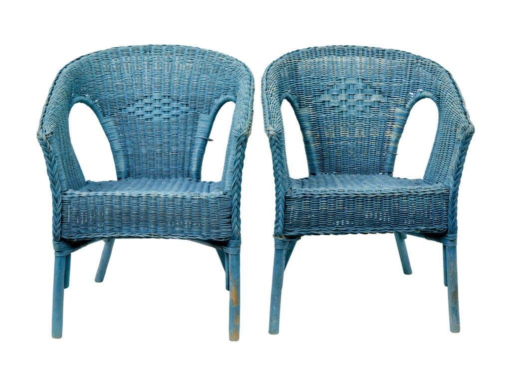 Pair of Mid Century Blue Painted Wicker Armchairs