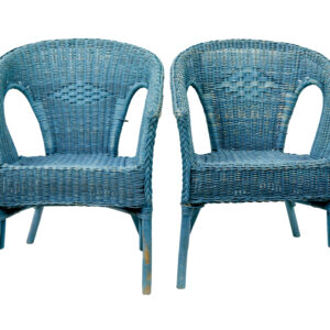 PAIR OF MID CENTURY BLUE PAINTED WICKER ARMCHAIRS