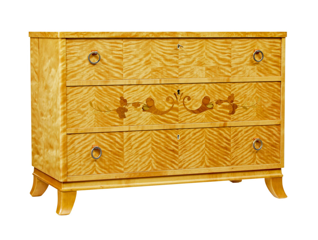 SWEDISH MID CENTURY INLAID BIRCH CHEST OF DRAWERS