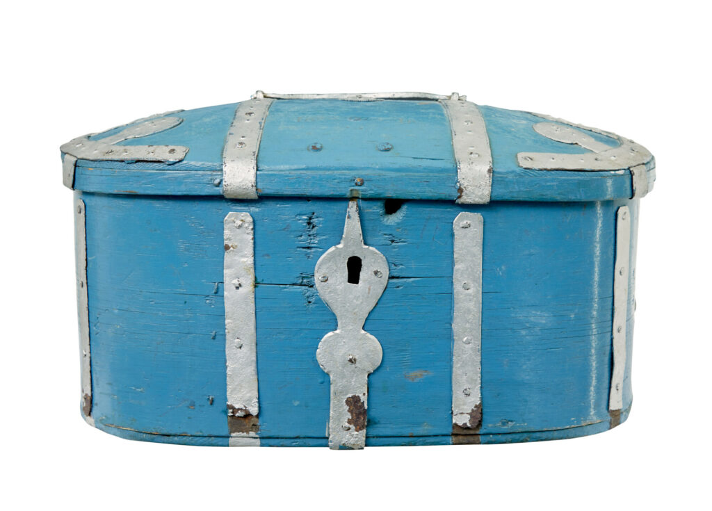 SWEDISH 19TH CENTURY BLUE PAINTED SHAPED STRONG BOX
