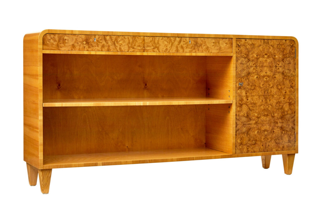 Mid Century Swedish Elm and Burr Sideboard Bookcase