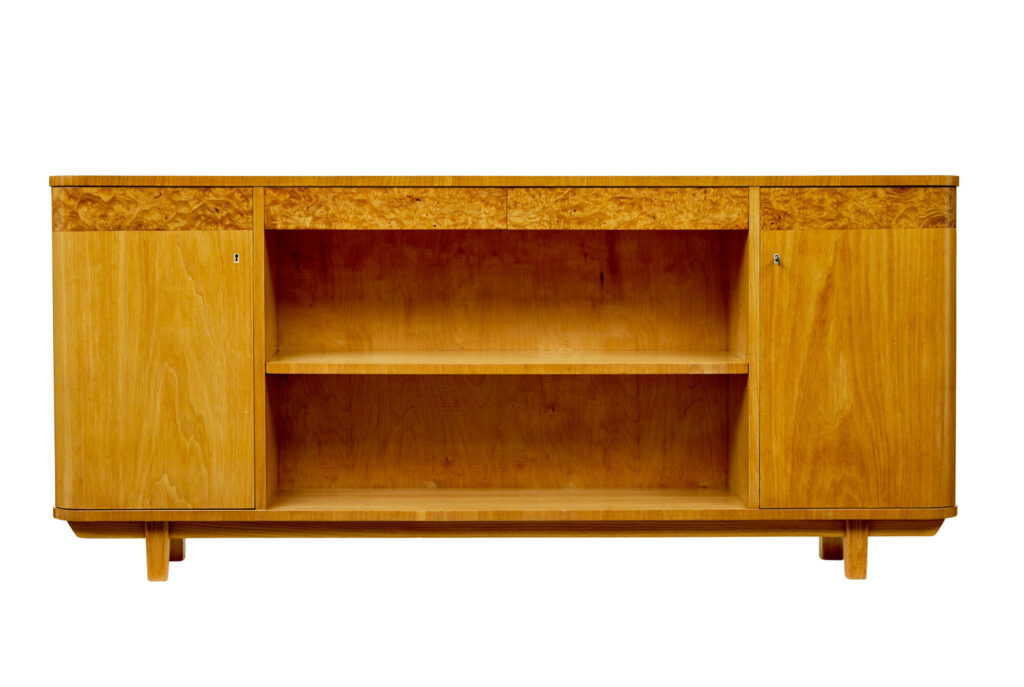 Scandinavian Mid Century Elm and Burr Low Open Bookcase — image 5