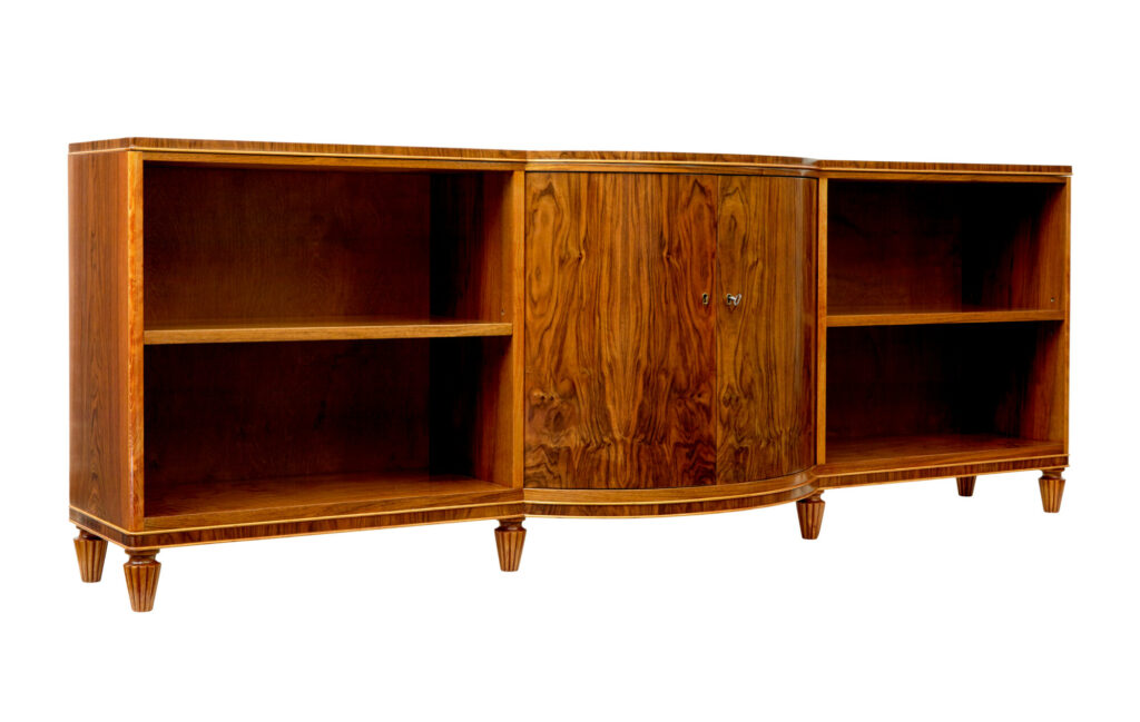 Scandinavian Mid Century Walnut Shaped Low Open Bookcase