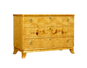 SWEDISH MID CENTURY ELM AND BIRCH INLAID CHEST OF DRAWERS