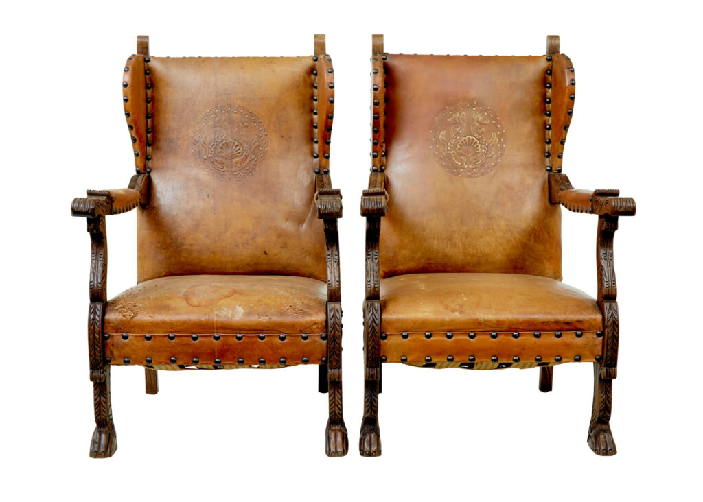 Pair of 19th Century Oak and Embossed Leather Armchairs