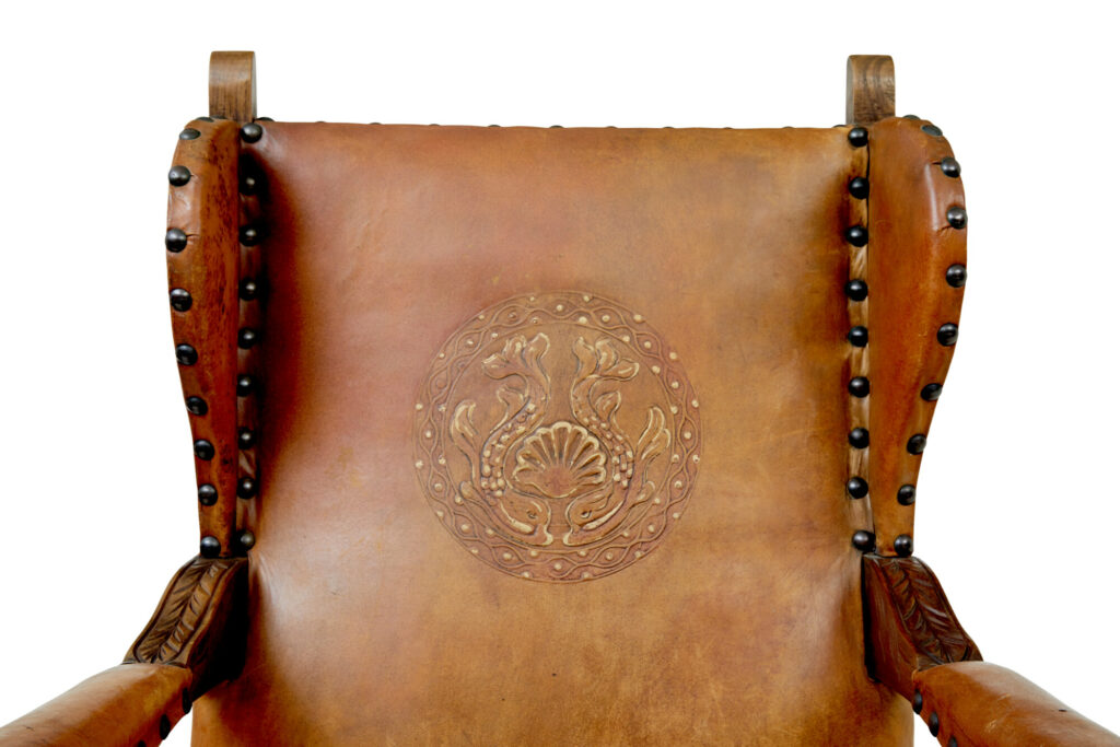 Pair of 19th Century Oak and Embossed Leather Armchairs — image 6