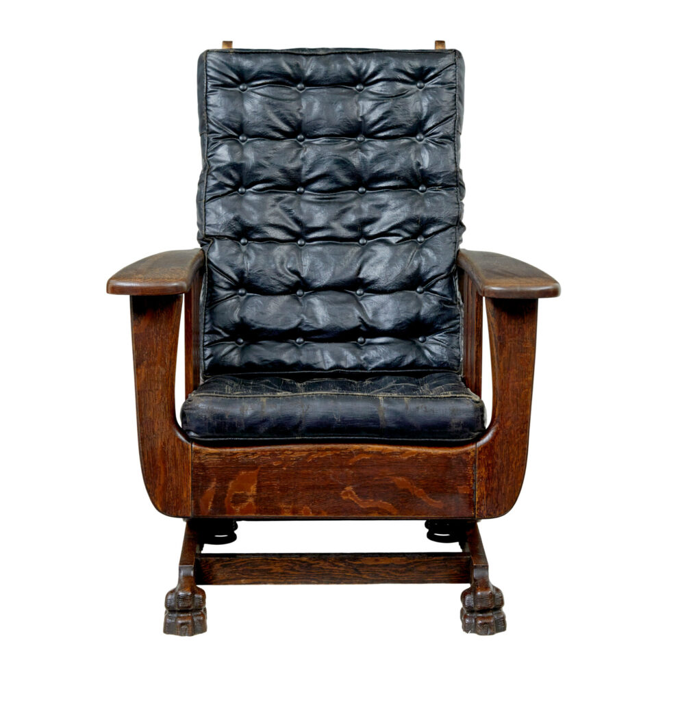 Early 20th Century Oak and Leather Rocking Chair — image 11